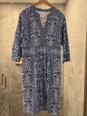 wellesley linen dress J.McLaughlin Wellesley Printed Linen Point Collar Short Sleeve Shift Dress, Womens, S, Pink/Tan